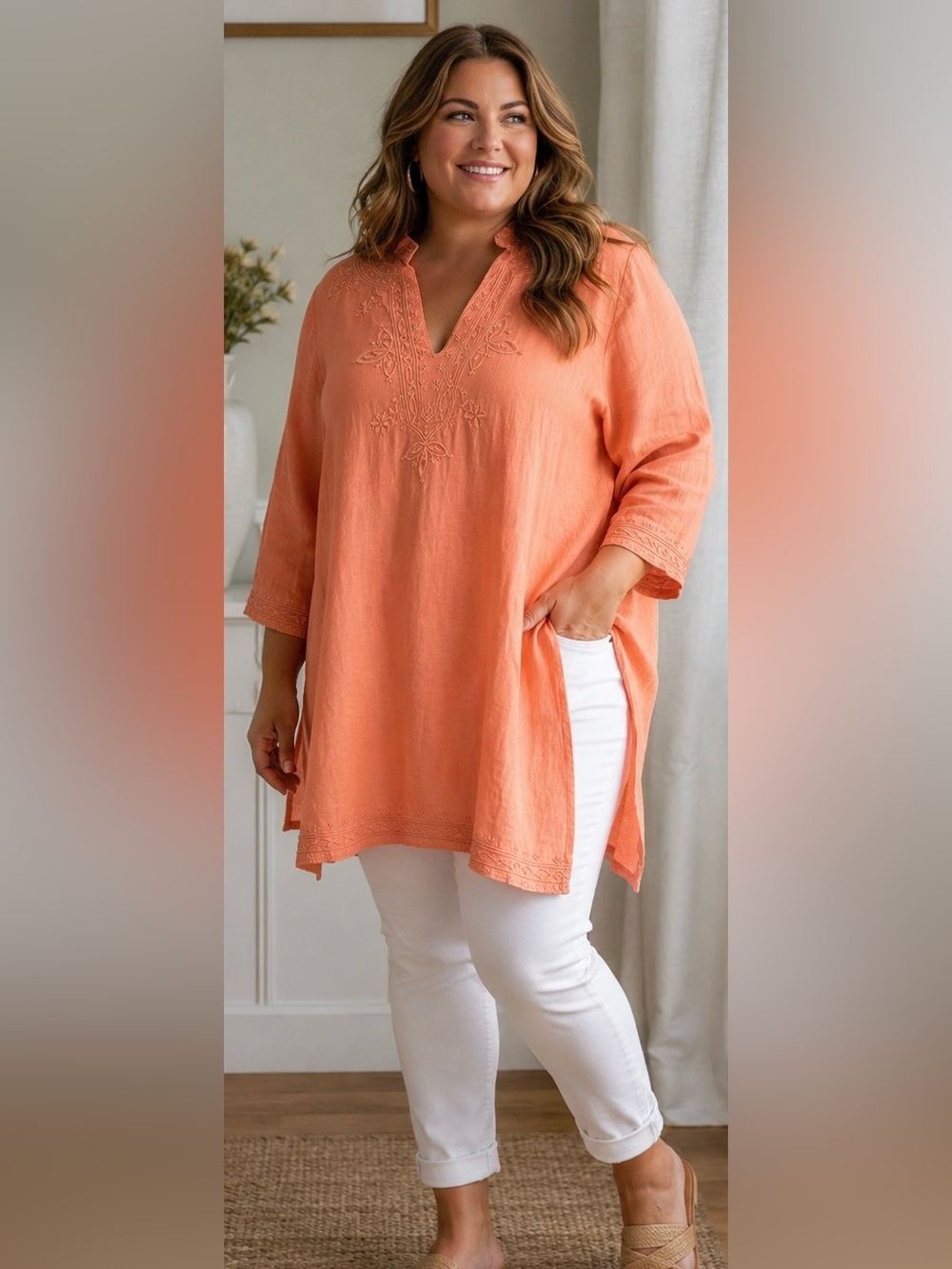Carole Little Linen Embroidered V-Neck Tunic in Peach